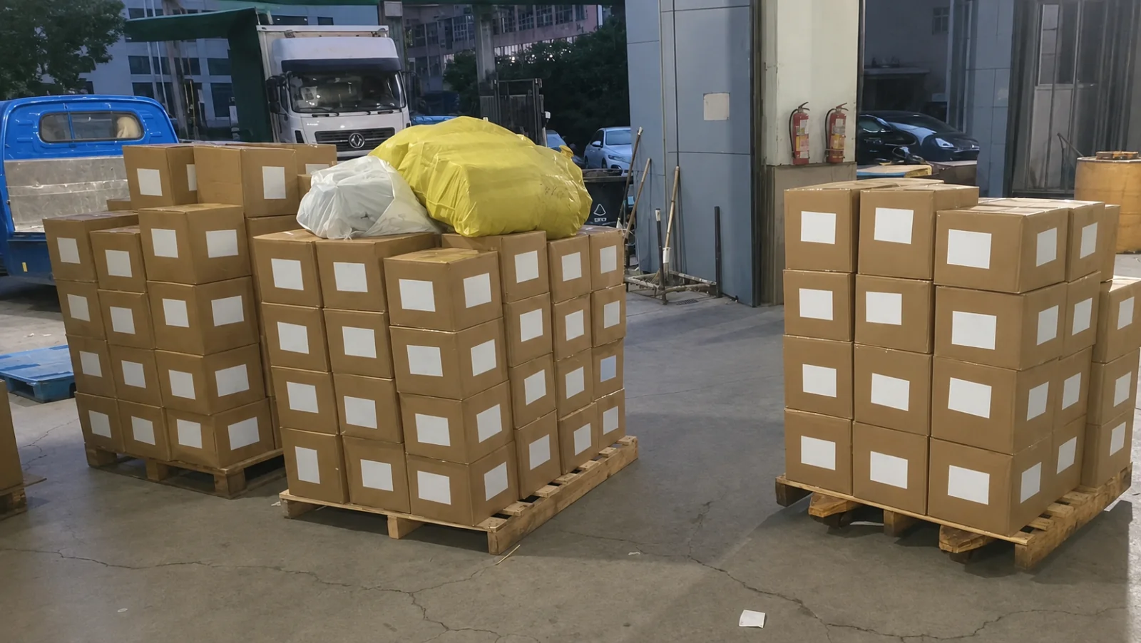 Pallets of shipping cartons at a warehouse entrance; labels and composition retouched with AI