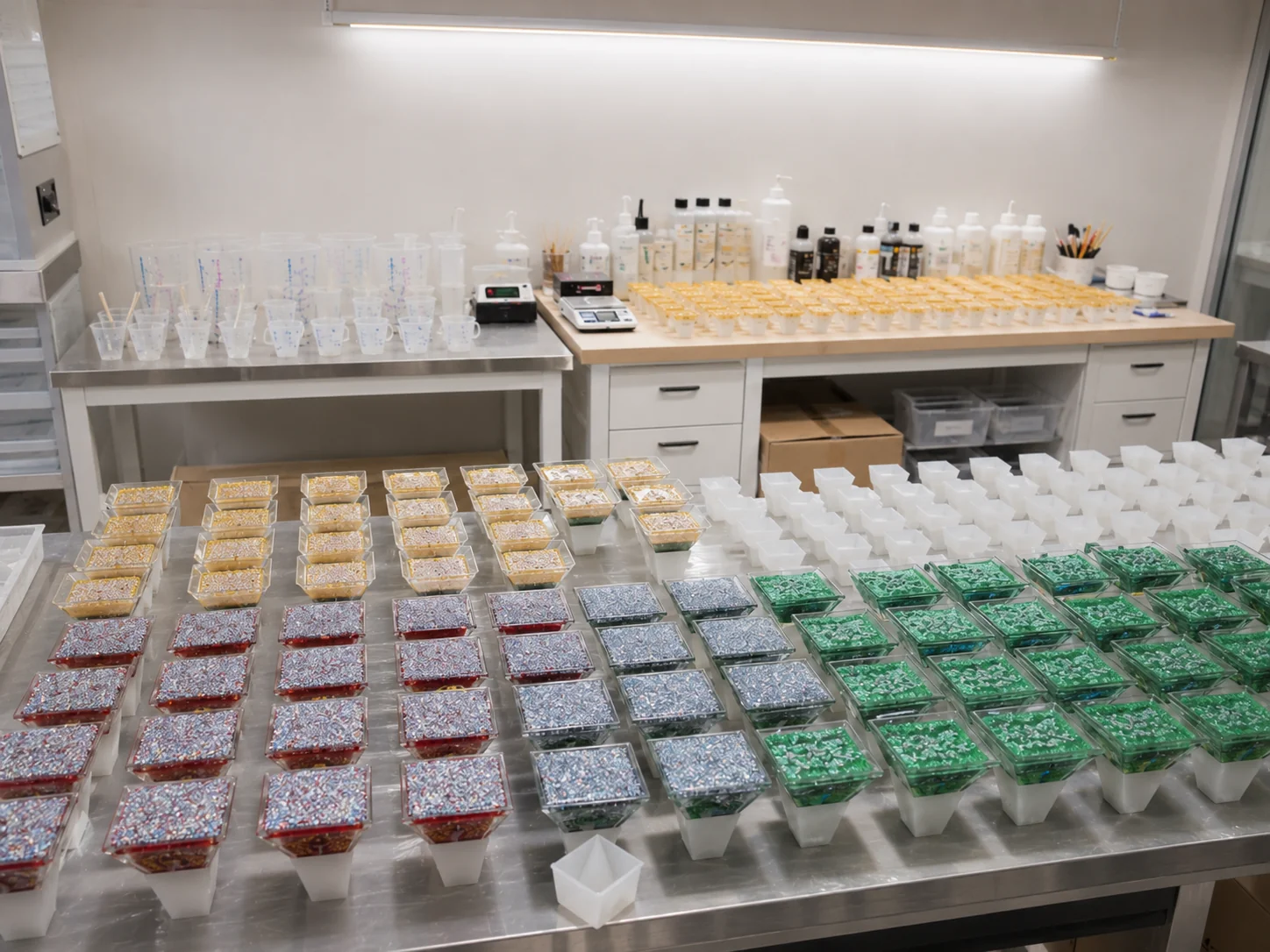 Rows of orgone pyramid moulds containing coloured materials on workbenches