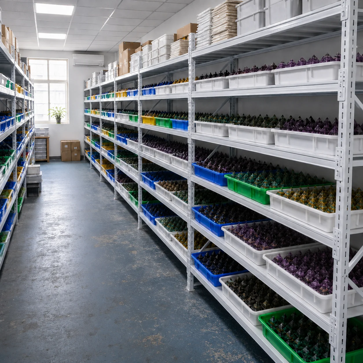 Finished orgone pyramids arranged in trays along storage shelves