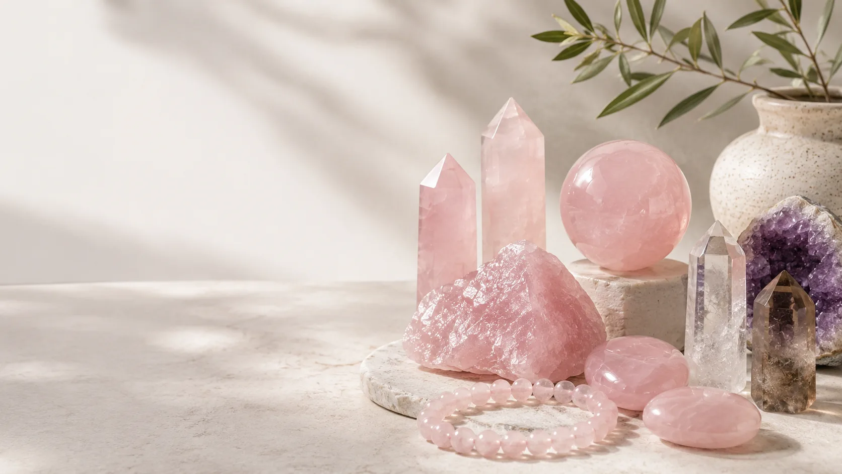 Rose quartz, crystal points and a bracelet arranged in soft natural light