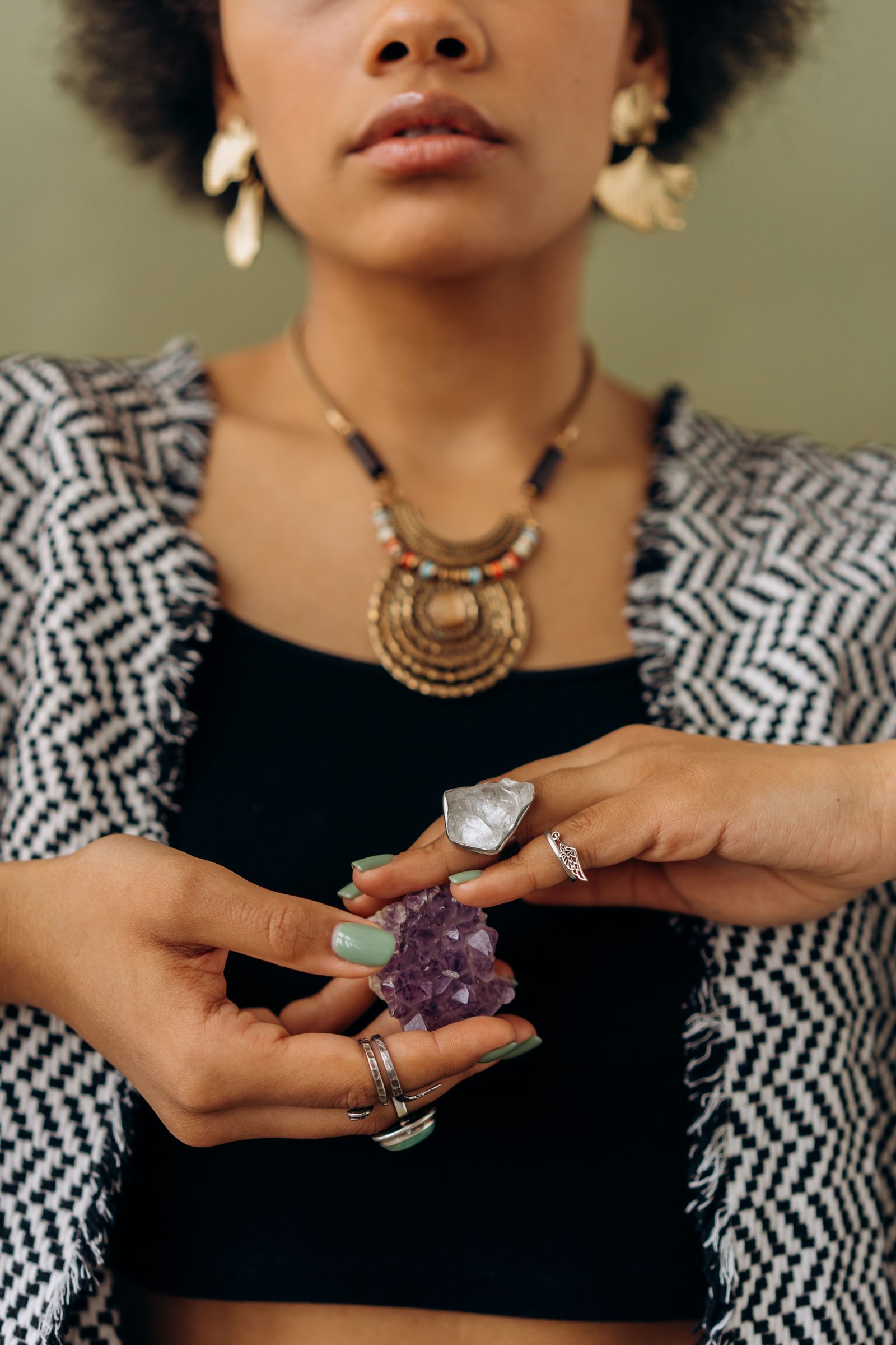 Model styling natural amethyst jewelry