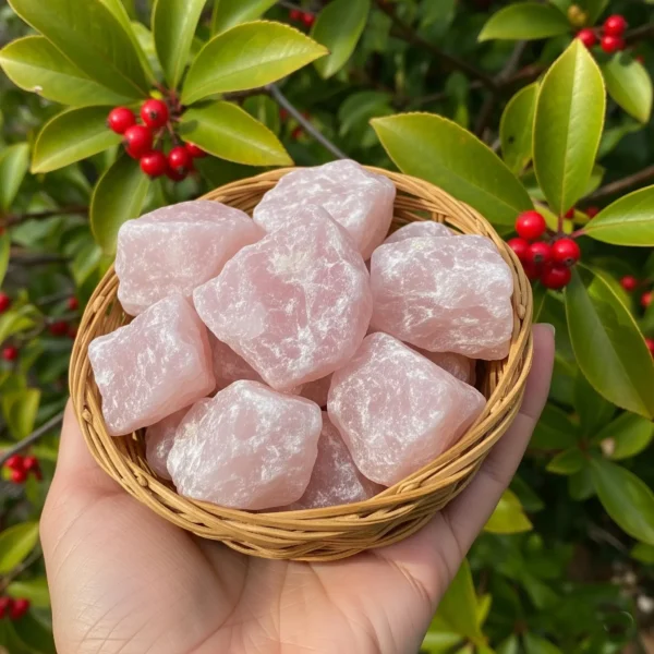 May include: A woven basket filled with raw, light pink rose quartz crystals. The crystals have a rough, natural texture and varying sizes. The basket is held i May include: A woven basket filled with raw, light pink rose quartz crystals. The crystals have a rough, natural texture and varying sizes. The basket is held in a hand, with green foliage and red berries in the background.