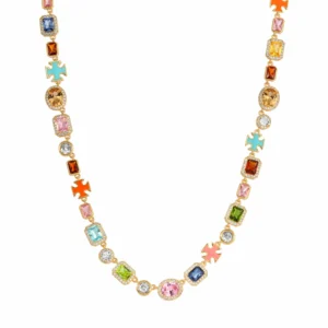 Gold Bright multicolor gemstone necklace on a white background