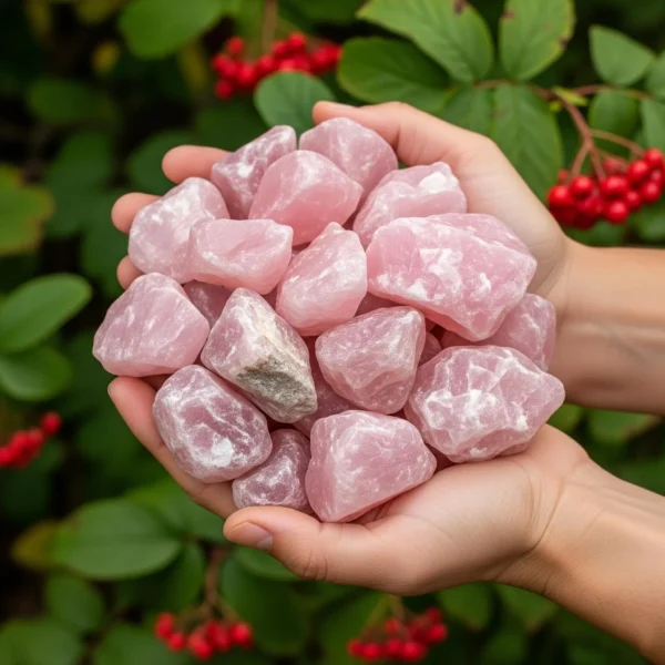 May include: A handful of raw, pink rose quartz stones. The stones vary in size and shape, with a soft, opaque appearance. The background features green foliage May include: A handful of raw, pink rose quartz stones. The stones vary in size and shape, with a soft, opaque appearance. The background features green foliage and red berries.