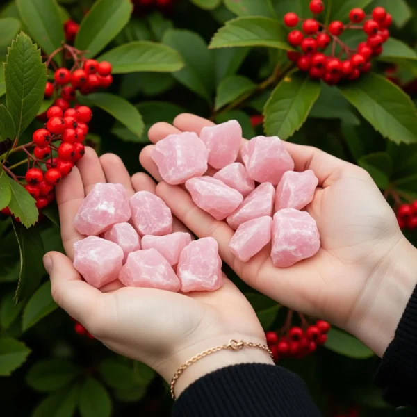 May include: Two hands cupping a collection of raw, pink rose quartz stones. The stones are a soft, opaque pink with a rough, natural texture. The background fe May include: Two hands cupping a collection of raw, pink rose quartz stones. The stones are a soft, opaque pink with a rough, natural texture. The background features green foliage and red berries.