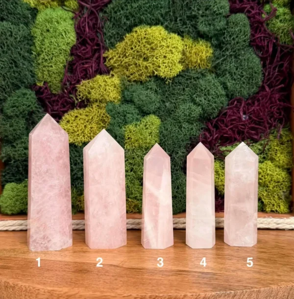 May include: Five polished rose quartz crystal towers arranged in a row on a wooden surface. Each tower features a hexagonal point and a pale pink, translucent May include: Five polished rose quartz crystal towers arranged in a row on a wooden surface. Each tower features a hexagonal point and a pale pink, translucent appearance. The crystals are numbered one through five in white text at the base.