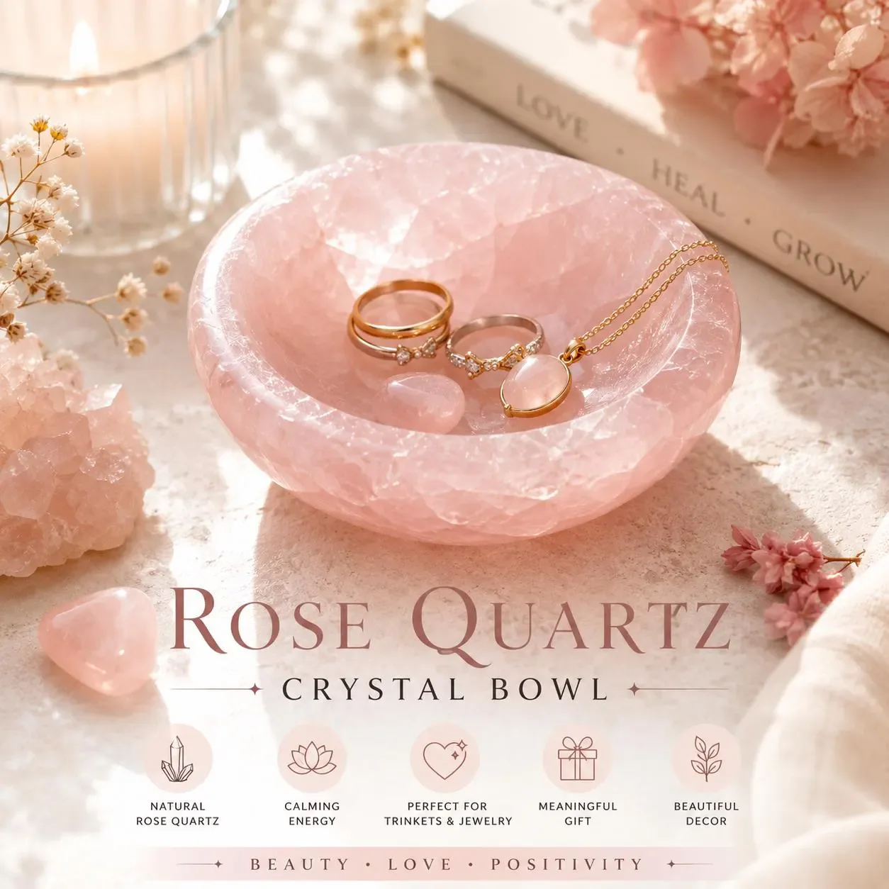 Rose Quartz Crystal Bowl - Hand-Carved Trinket Dish