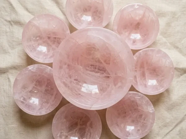 May include: A collection of rose quartz spheres in varying sizes, arranged in a circular pattern. The spheres are a soft pink color with internal veining, refl May include: A collection of rose quartz spheres in varying sizes, arranged in a circular pattern. The spheres are a soft pink color with internal veining, reflecting light. The arrangement includes a large central sphere surrounded by smaller ones.