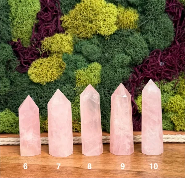 May include: Five light pink rose quartz crystal points arranged in a row on a wooden surface. Each crystal has a faceted hexagonal top and a smooth, semi-trans May include: Five light pink rose quartz crystal points arranged in a row on a wooden surface. Each crystal has a faceted hexagonal top and a smooth, semi-translucent body. The numbers 6, 7, 8, 9, and 10 are printed below each crystal.