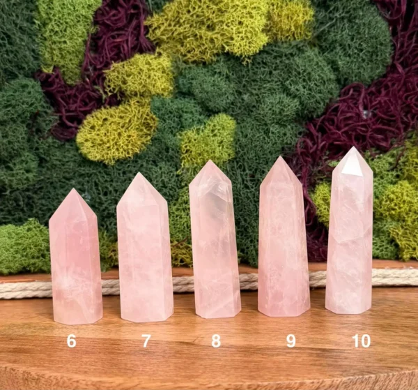 May include: Five light pink rose quartz crystal points arranged in a row on a wooden surface. Each point is numbered 6 through 10 at the base, showing a facete May include: Five light pink rose quartz crystal points arranged in a row on a wooden surface. Each point is numbered 6 through 10 at the base, showing a faceted top and a smooth, translucent body with natural internal inclusions and variations.