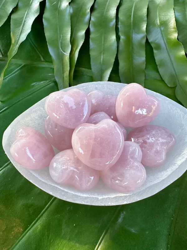 ROSE QUARTZ HEART Crystal (Grade A Natural) Tumbled Polished Pink Heart-Shaped Palm Stone, Crystals for Love | Gemstone for Yoga, Meditation May include: A bowl filled with eight pink heart-shaped rose quartz crystals. The bowl is white and sits on a green leafy surface.