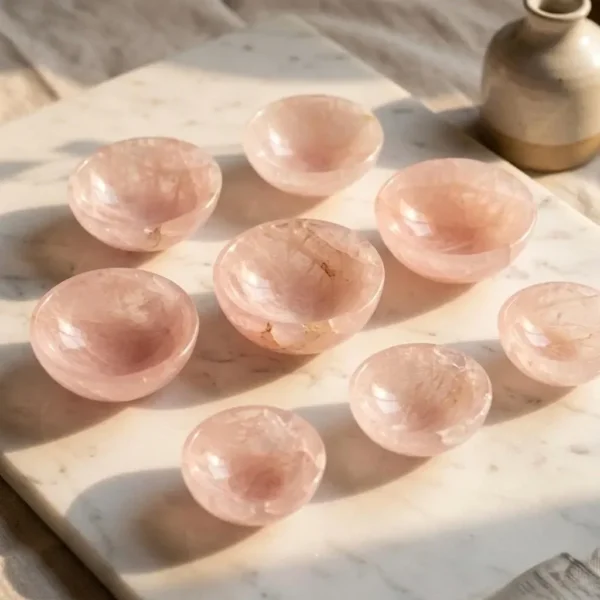 May include: A collection of eight small, round bowls made of translucent rose quartz. The bowls are a soft pink color with natural veining and variations in to May include: A collection of eight small, round bowls made of translucent rose quartz. The bowls are a soft pink color with natural veining and variations in tone. They are arranged on a white marble surface.