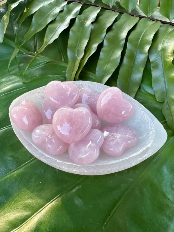 May include: A white bowl filled with pink heart-shaped rose quartz crystals. The bowl is sitting on a green leafy surface. May include: A white bowl filled with pink heart-shaped rose quartz crystals. The bowl is sitting on a green leafy surface.