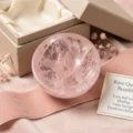 May include: A clear, pink rose quartz sphere rests on a pink velvet ribbon, next to a small gift box. A card with gold trim lists the benefits of rose quartz: love, self-love, healing, calm energy, and emotional balance.