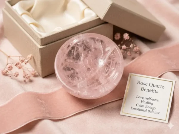 May include: A clear, pink rose quartz sphere rests on a pink velvet ribbon, next to a small gift box. A card with gold trim lists the benefits of rose quartz: May include: A clear, pink rose quartz sphere rests on a pink velvet ribbon, next to a small gift box. A card with gold trim lists the benefits of rose quartz: love, self-love, healing, calm energy, and emotional balance.