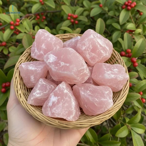 May include: A woven basket filled with raw, light pink rose quartz crystals. The crystals have a rough, natural texture and varying shapes. The basket is held May include: A woven basket filled with raw, light pink rose quartz crystals. The crystals have a rough, natural texture and varying shapes. The basket is held against a backdrop of green leaves and red berries.